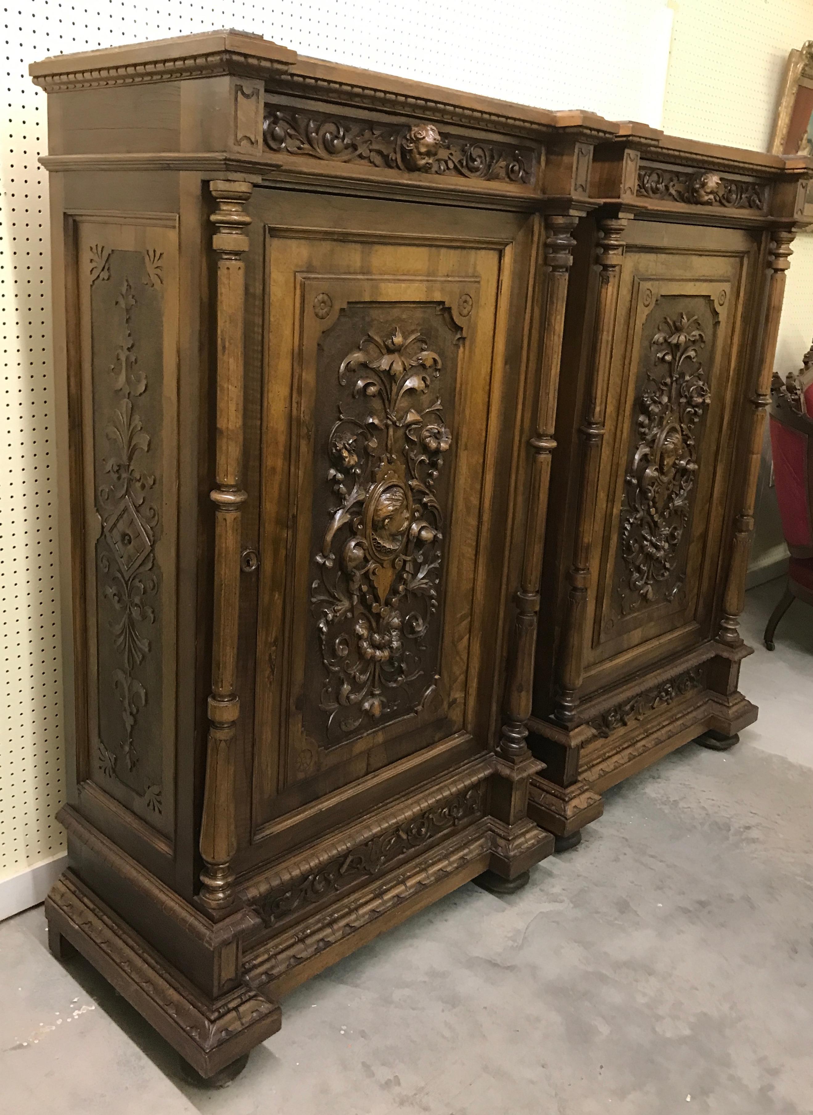High Victorian Pair of Flemish Carved Walnut and Marble Cabinets For Sale