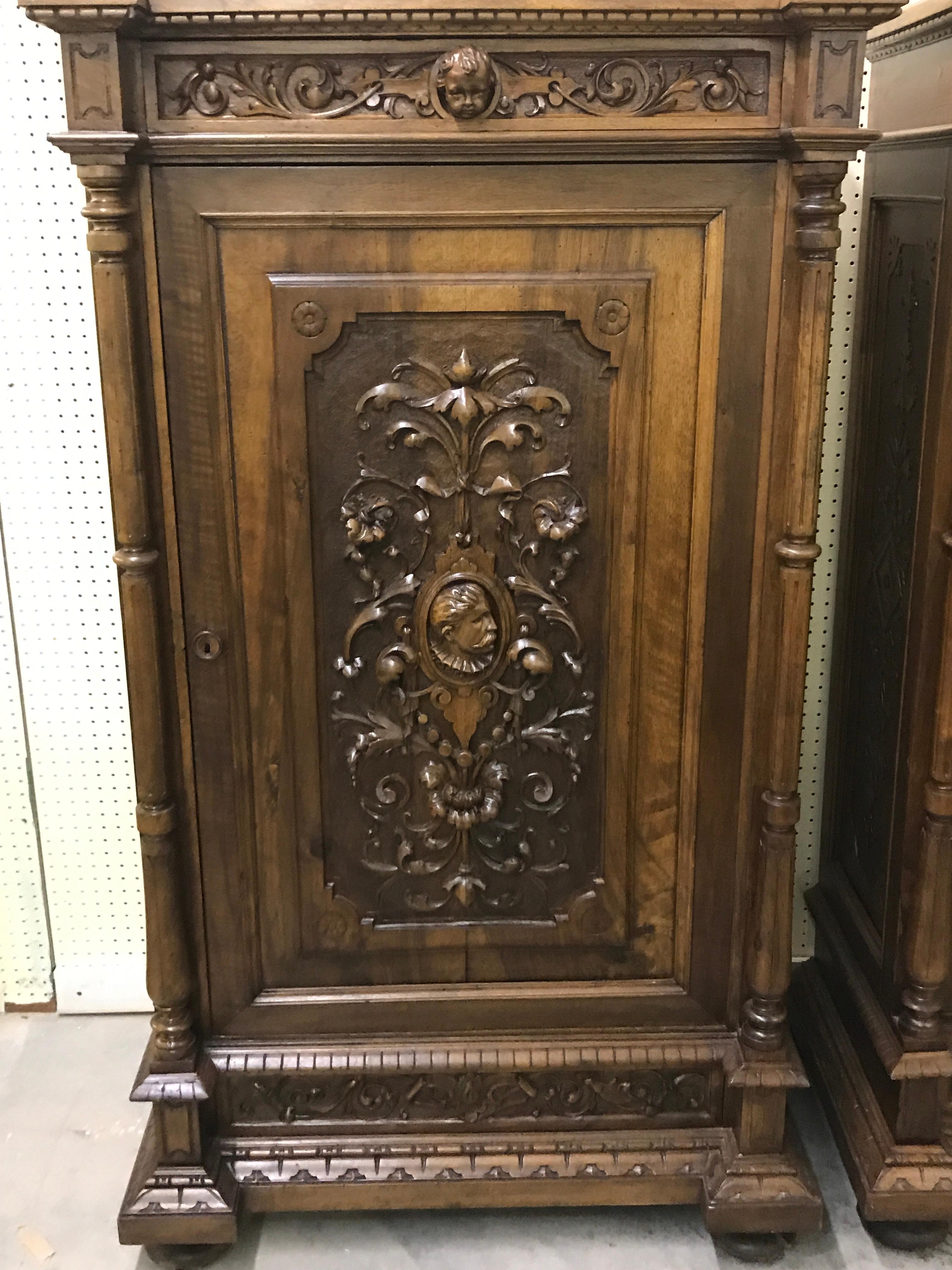 Italian Pair of Flemish Carved Walnut and Marble Cabinets For Sale