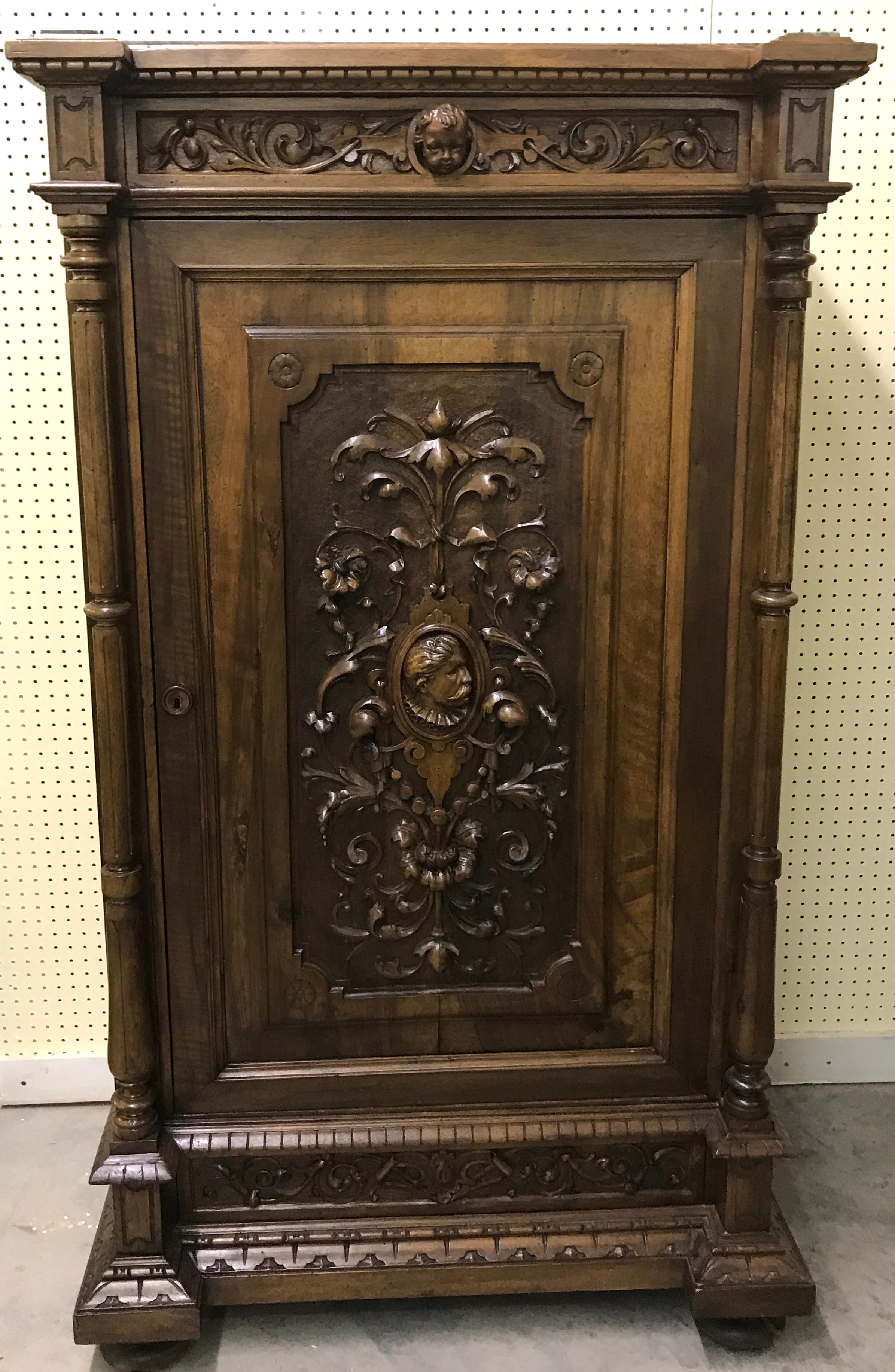Pair of Flemish Carved Walnut and Marble Cabinets In Good Condition For Sale In Atlanta, GA