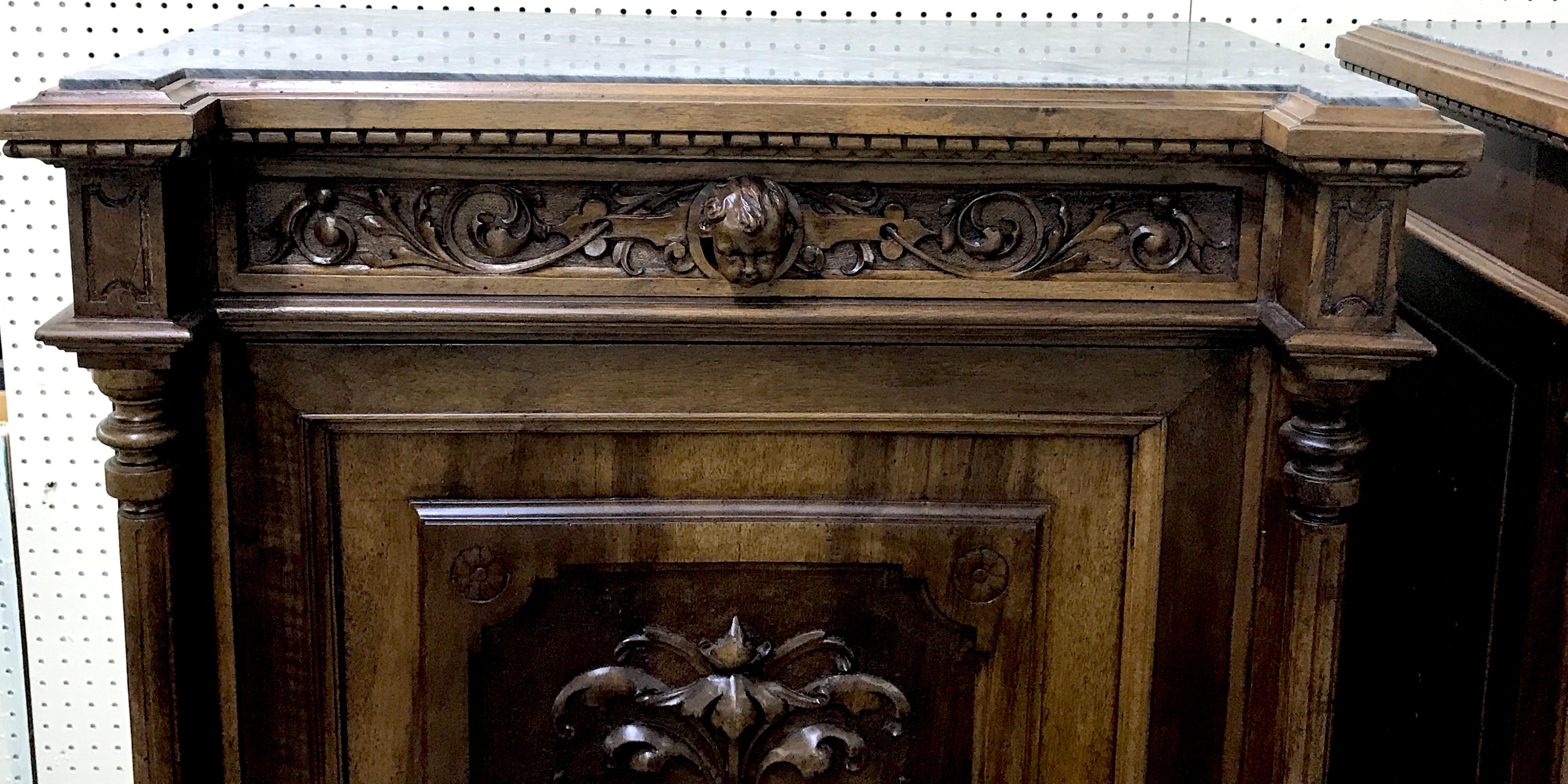 Pair of Flemish Carved Walnut and Marble Cabinets For Sale 1