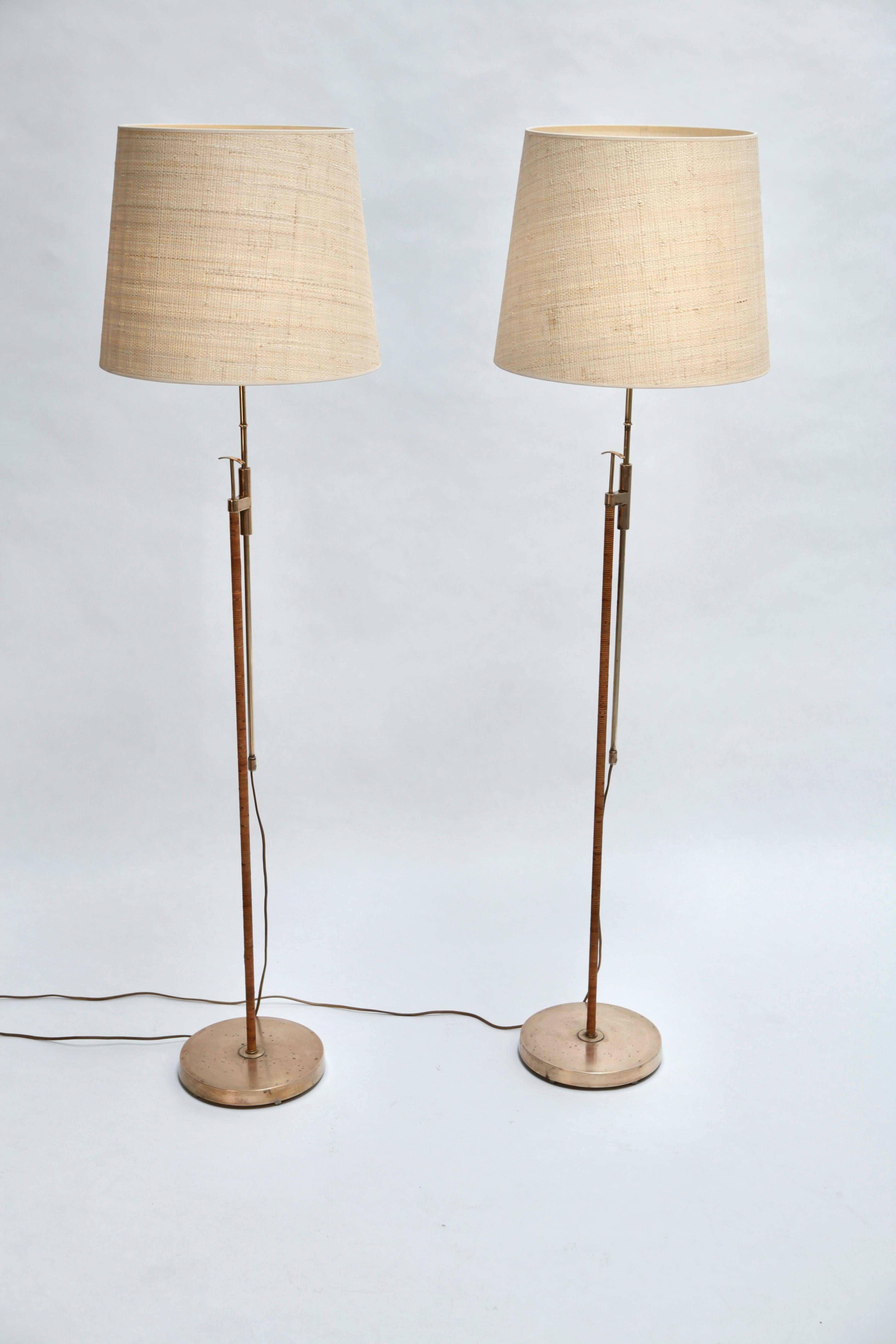 A pair of Scandinavian Modern rattan & brass floor-lamps, in the style of Paavo Tynell.
Manufactured in the 1940s. Nice patina to the brass, the Rattan without damages.
Excellent vintage condition.
Sold without the shades.
Adjustable heigth,