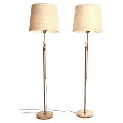 Pair of Floor Lamps in Rattan & Brass, in the Style of Paavo Tynell, 1940s