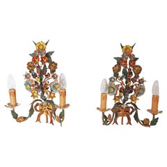 Paire de lampes murales florales à deux bras, Italie, années 1970