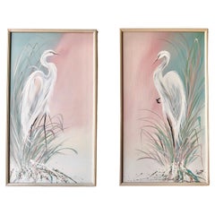Pair of Florida Great Egrets Oil on Canvas Paintings by Frank Walcutt