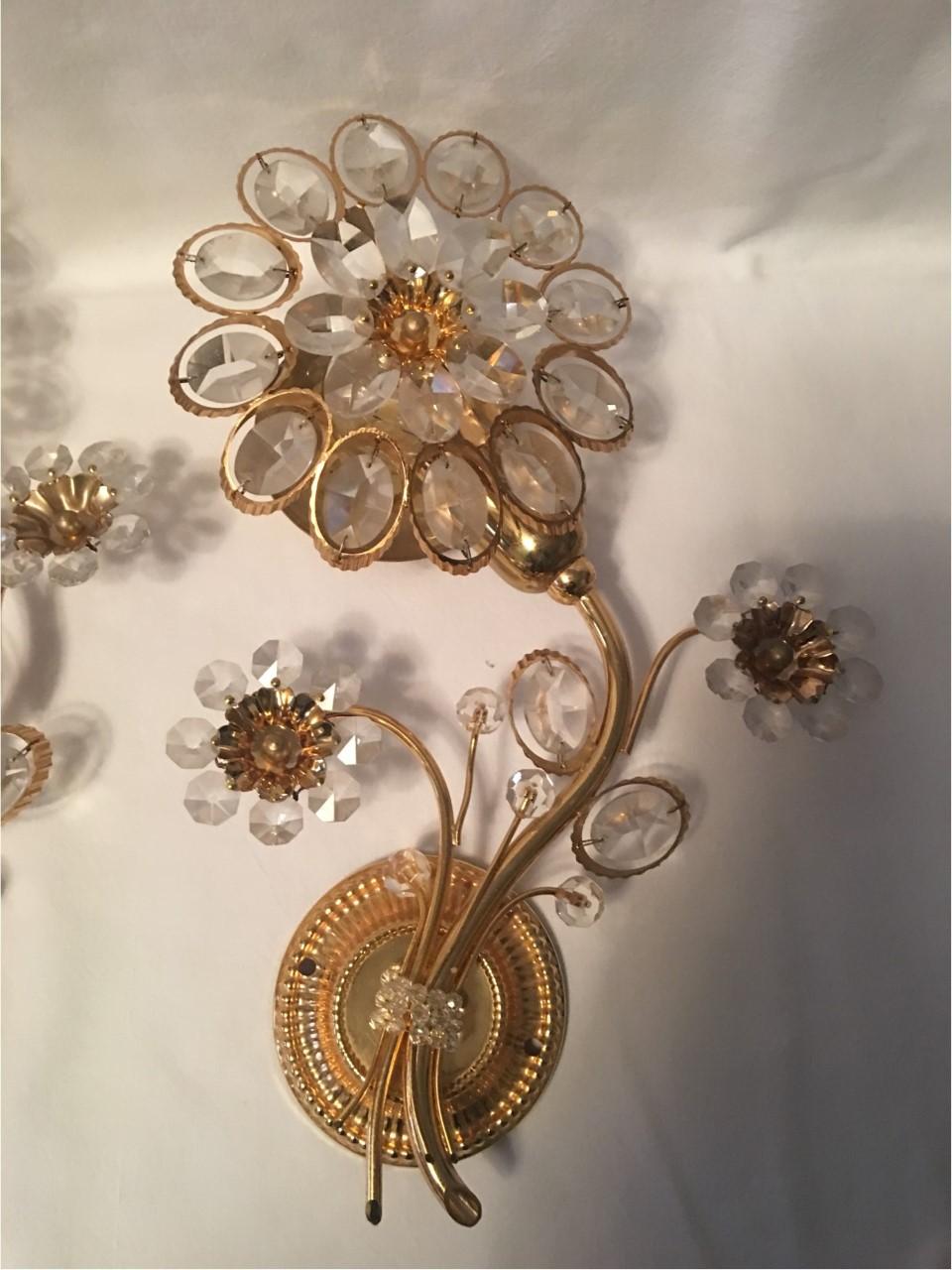 Late 20th Century Pair of Flower Form Crystal Sconces by Palwa