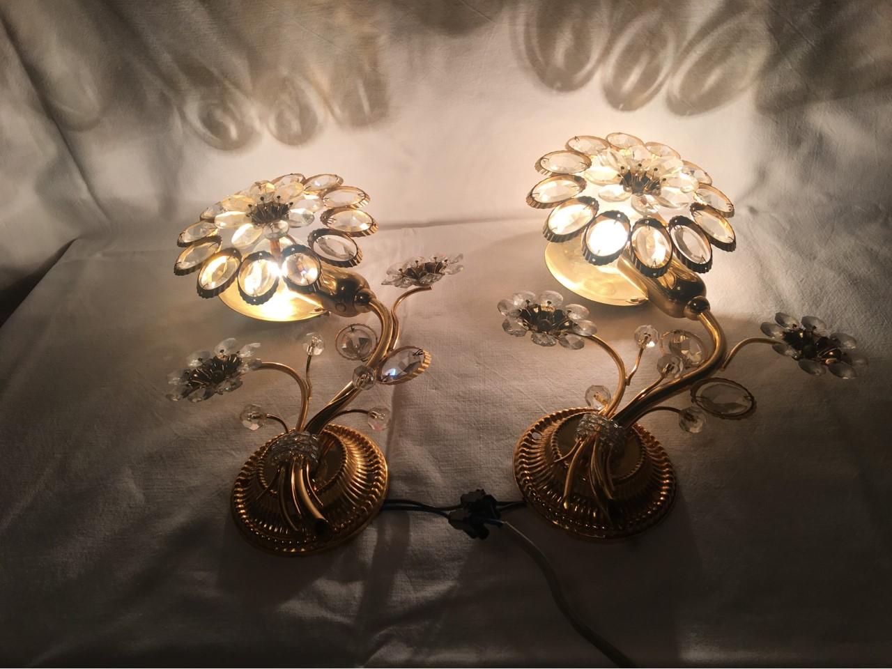 Brass Pair of Flower Form Crystal Sconces by Palwa