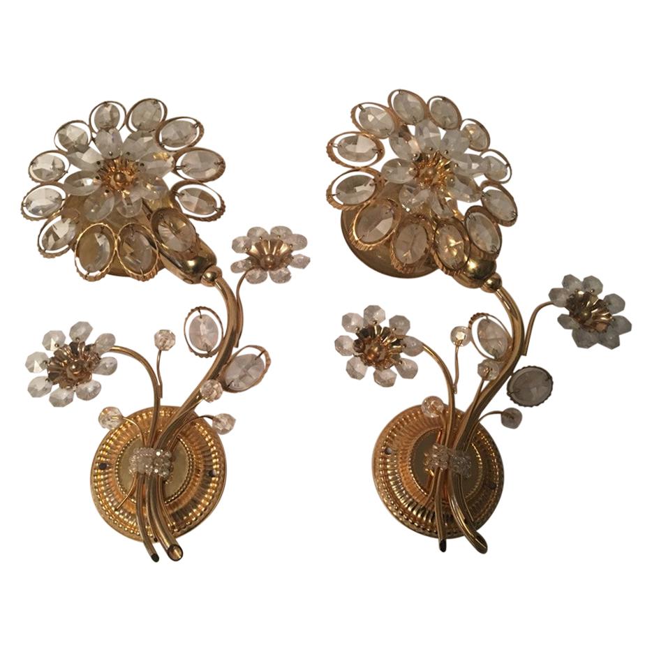 Pair of Flower Form Crystal Sconces by Palwa