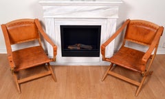 A Pair of Foldable Swedish Safari X-Chairs in Oak and Leather