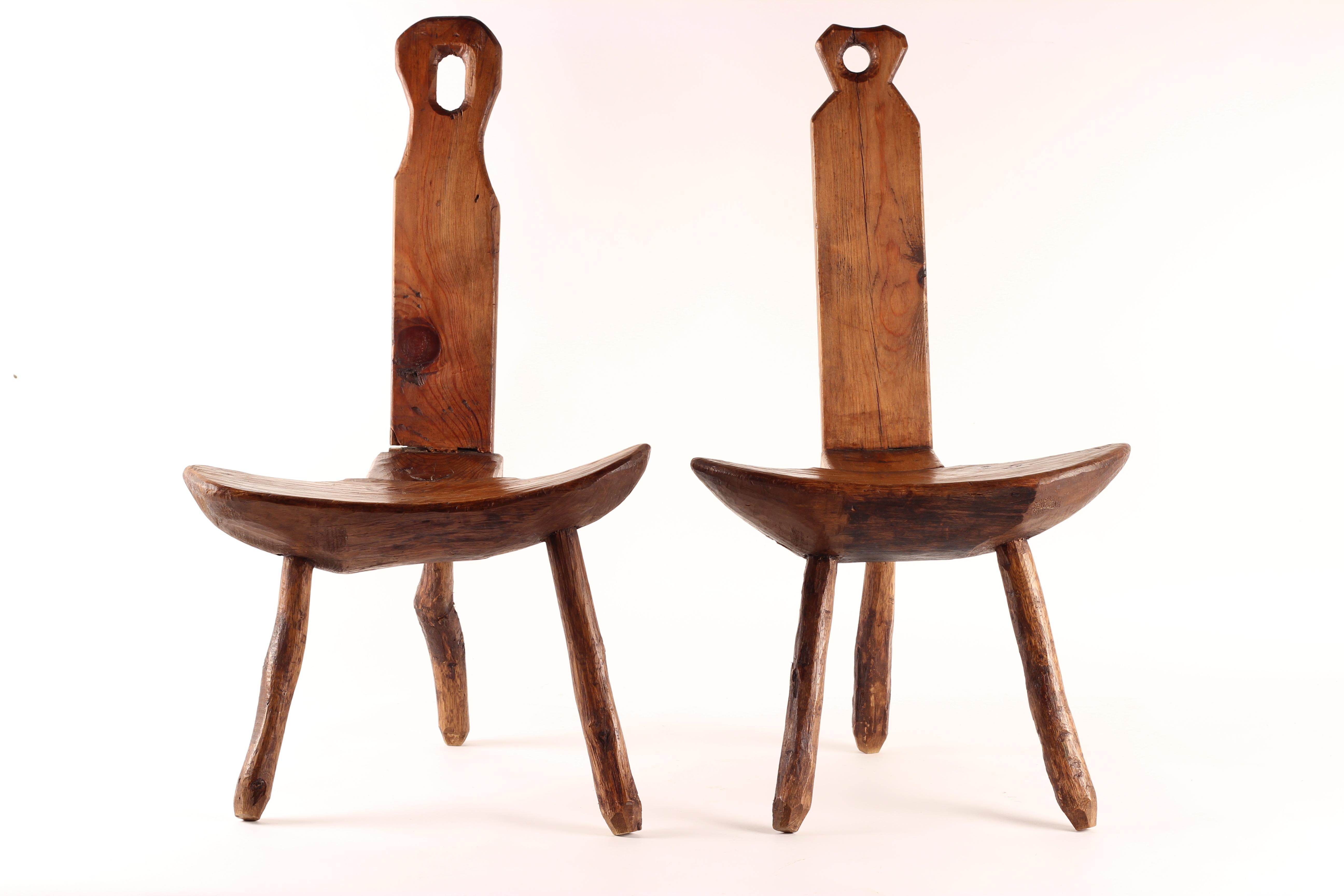 A wonderful pair of very characterful French provincial Fruitwood milking stools crafted in the 19th Century.

This pair show all the signs of Folk art craft and the simplistic and honest manor in which they have been made. They remain stable and