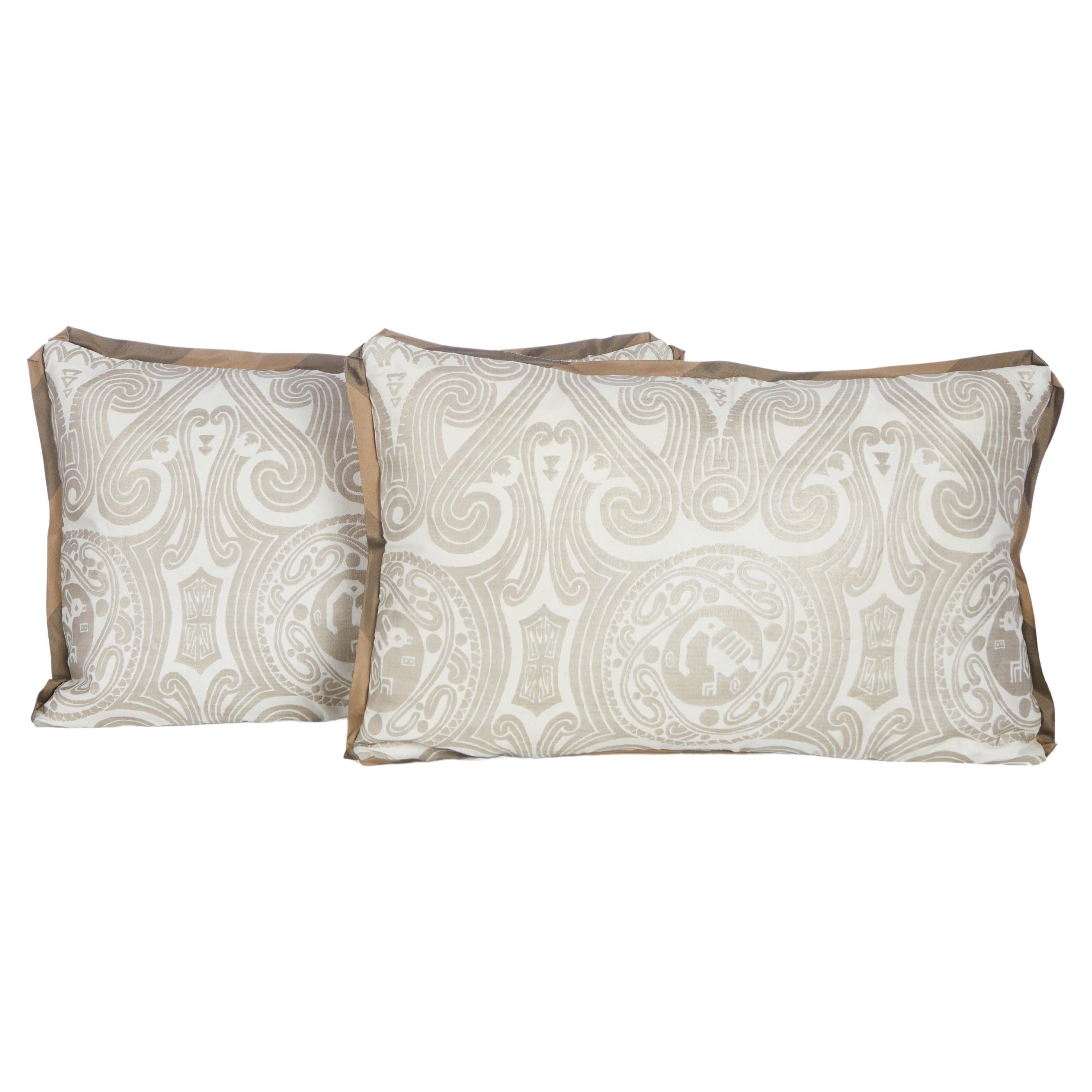 Pair of Fortuny Peruviano Lumbar Cushions Ion Silvery Gold on White David Duncan