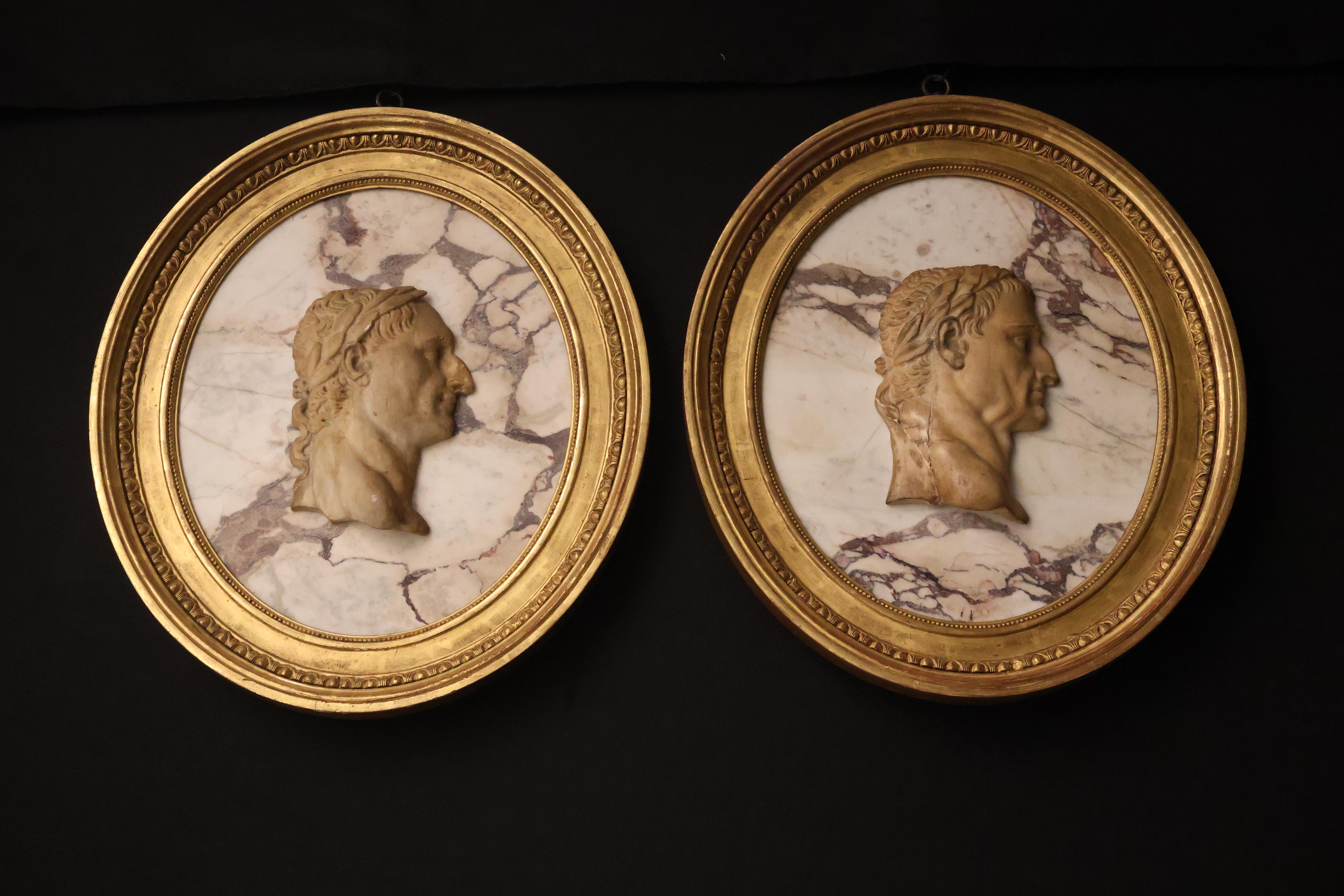 A Pair of Framed Marble Cameos of Roman Emperors For Sale 5
