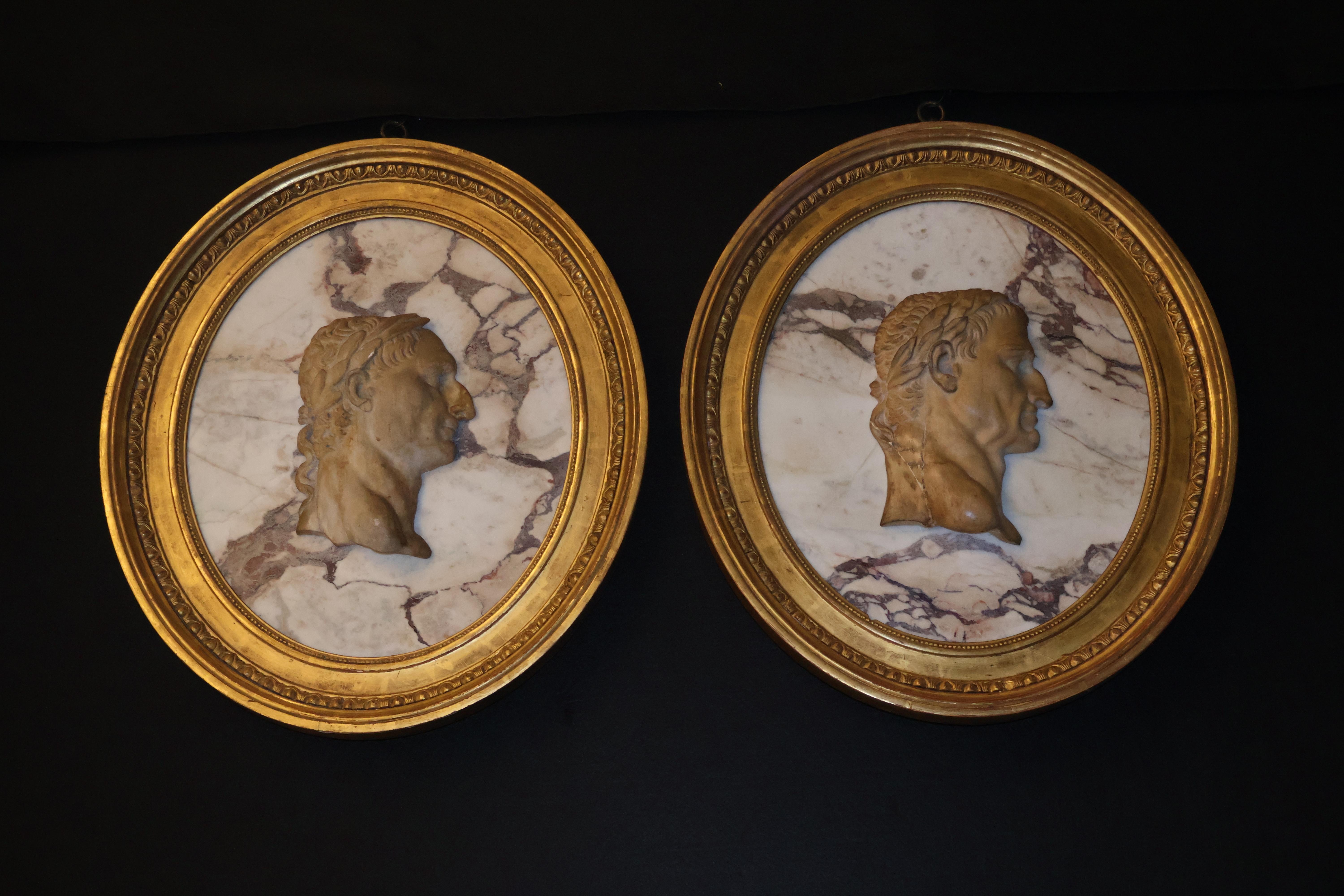 A Pair of Framed Marble Cameos of Roman Emperors For Sale 6