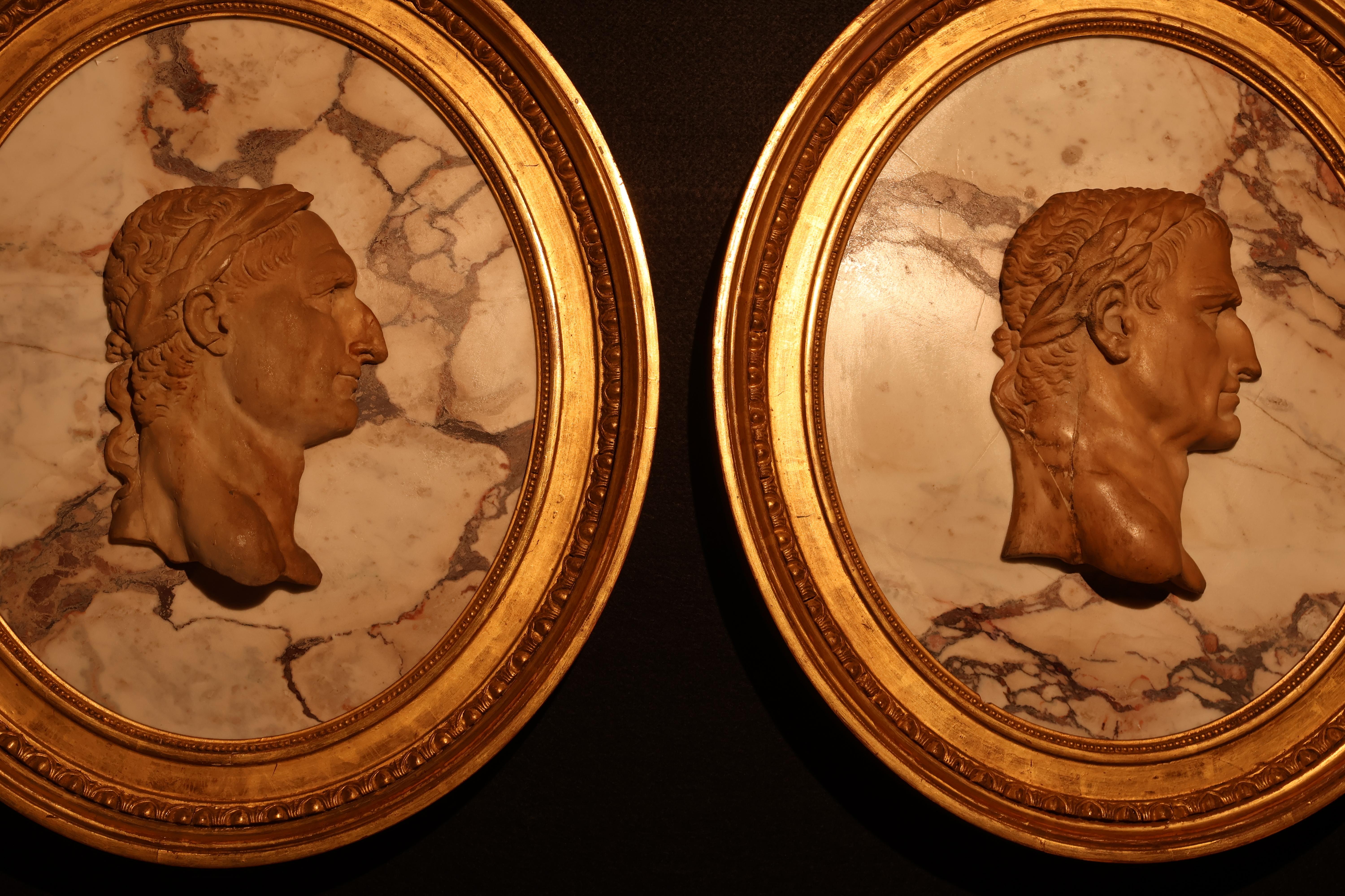 Empire A Pair of Framed Marble Cameos of Roman Emperors For Sale