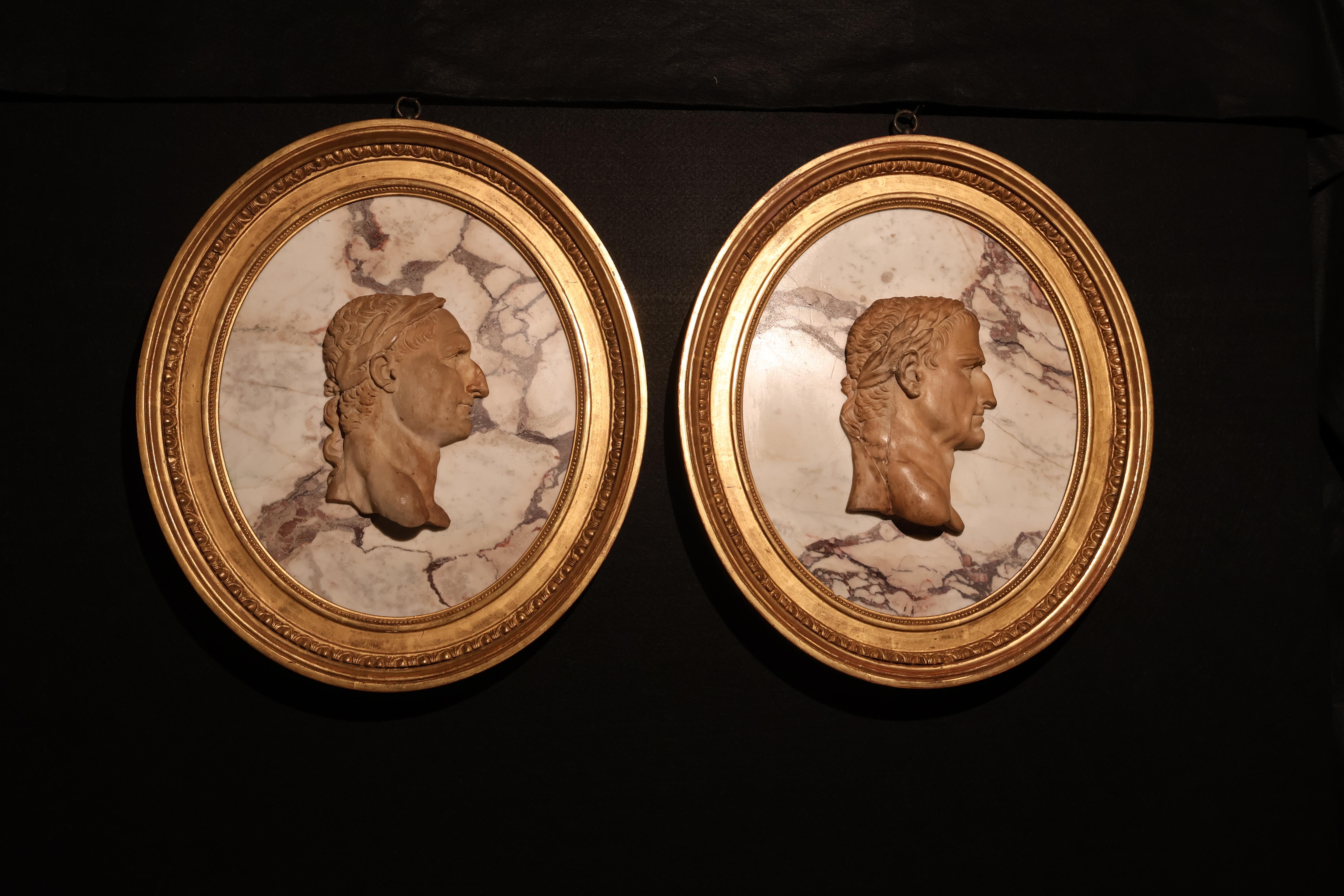 French A Pair of Framed Marble Cameos of Roman Emperors For Sale