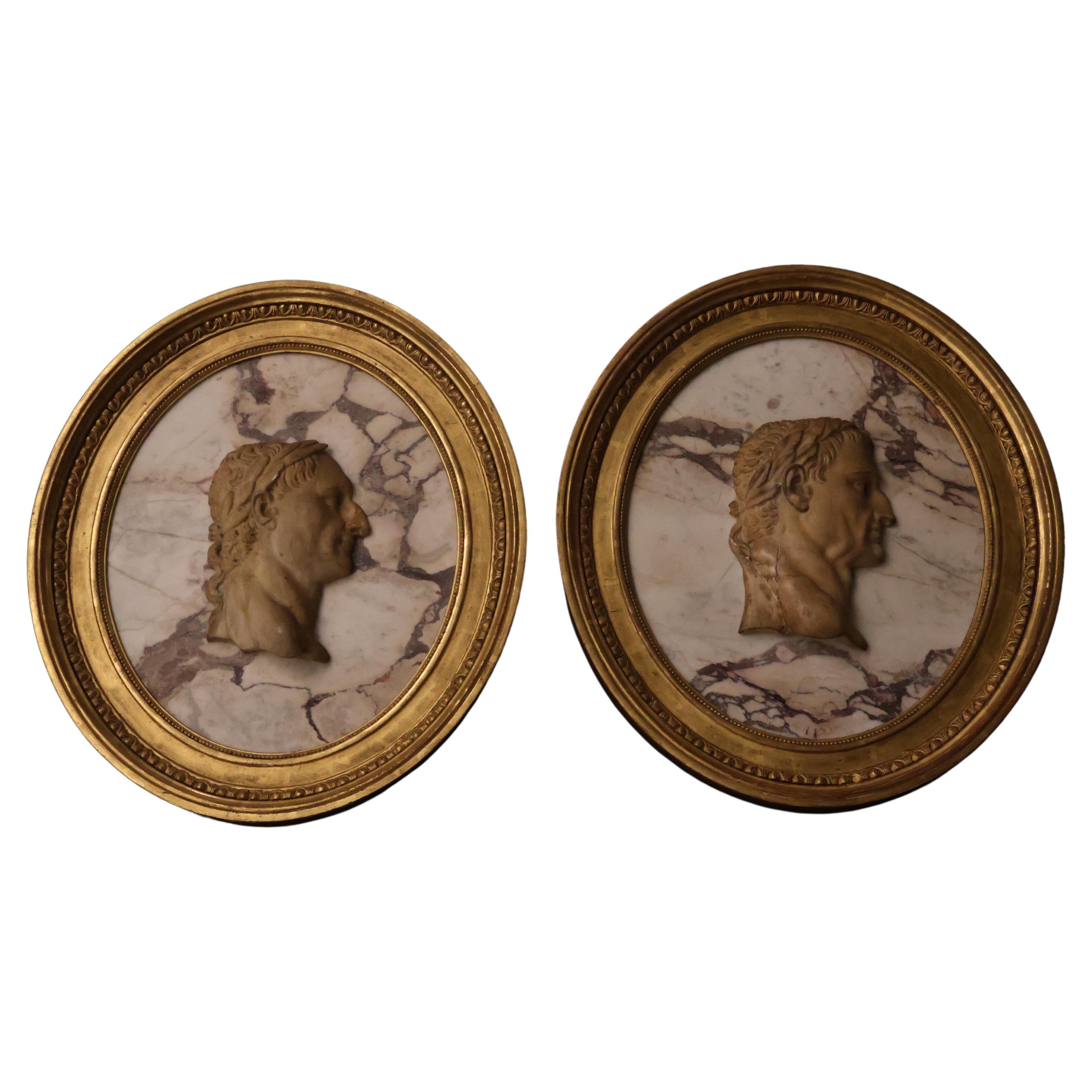 A Pair of Framed Marble Cameos of Roman Emperors For Sale