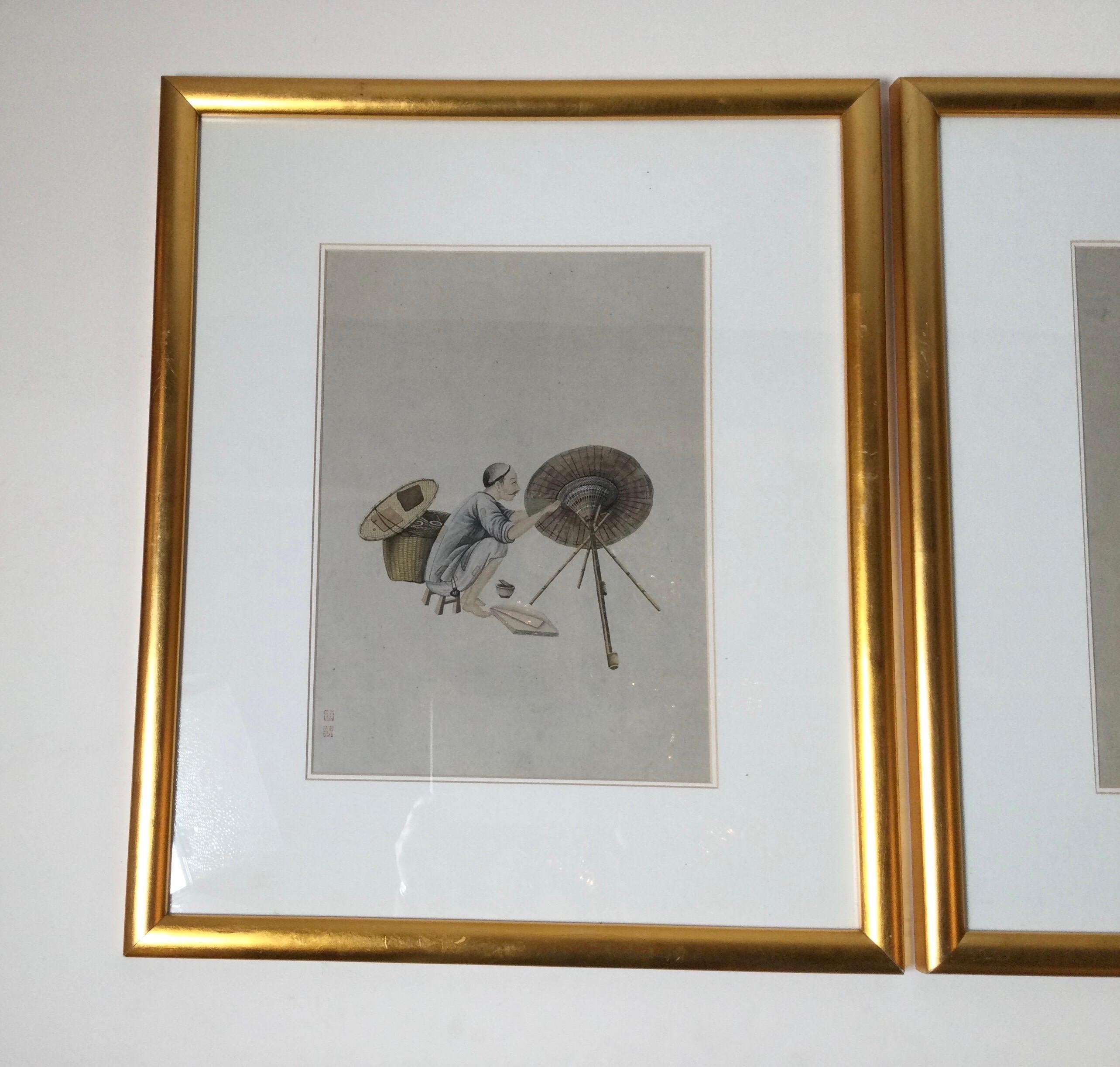 A pair of framed China trade Circa 1840 watercolors on paper of occupational scenes signed on lower corner with artist stamp. Framed in later giltwood frames under glass.