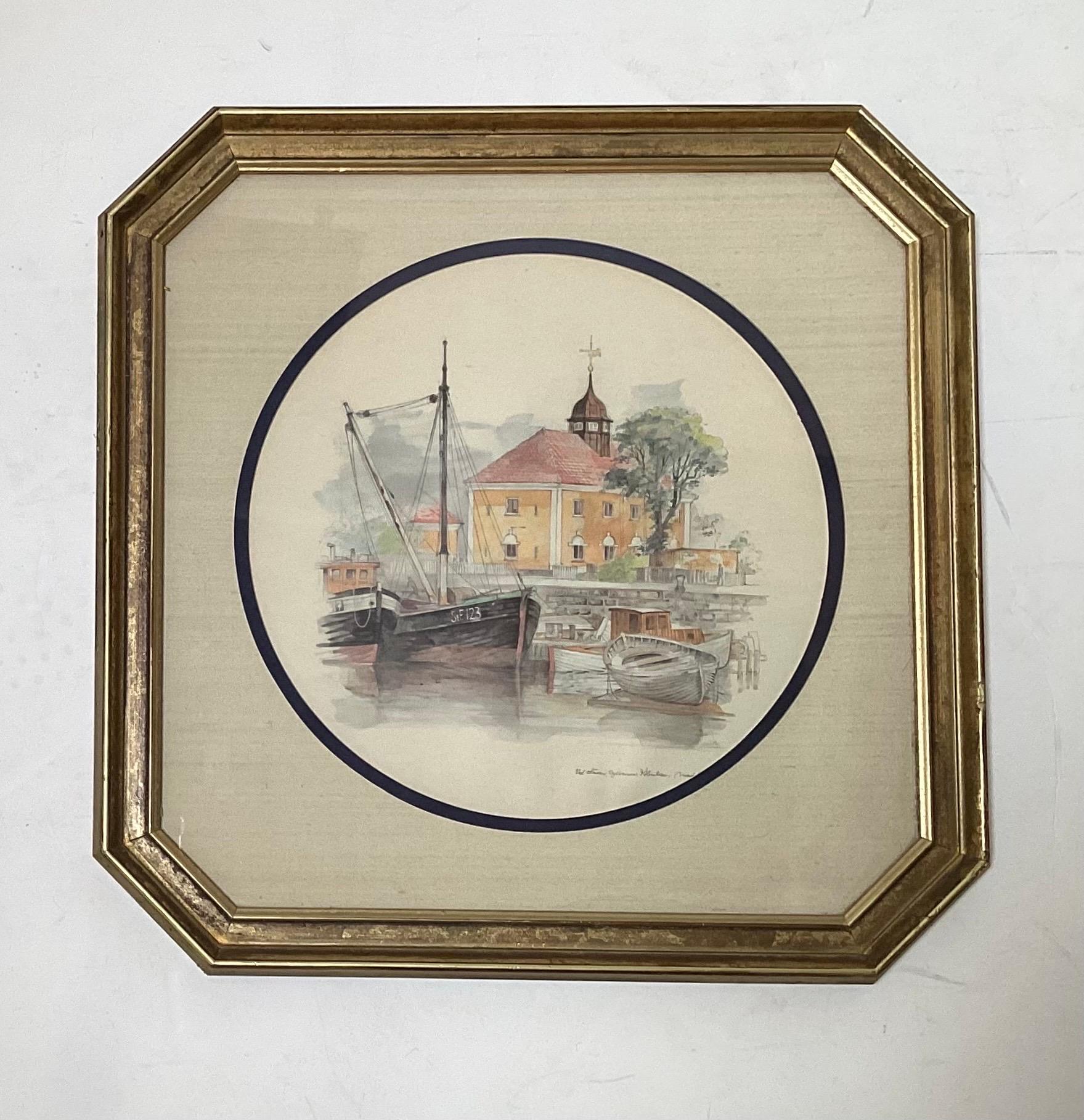 Paire d'aquarelles encadrées, de forme octogonale en bois doré, avec passe-partout rond, scènes en Norvège, milieu du 20e siècle