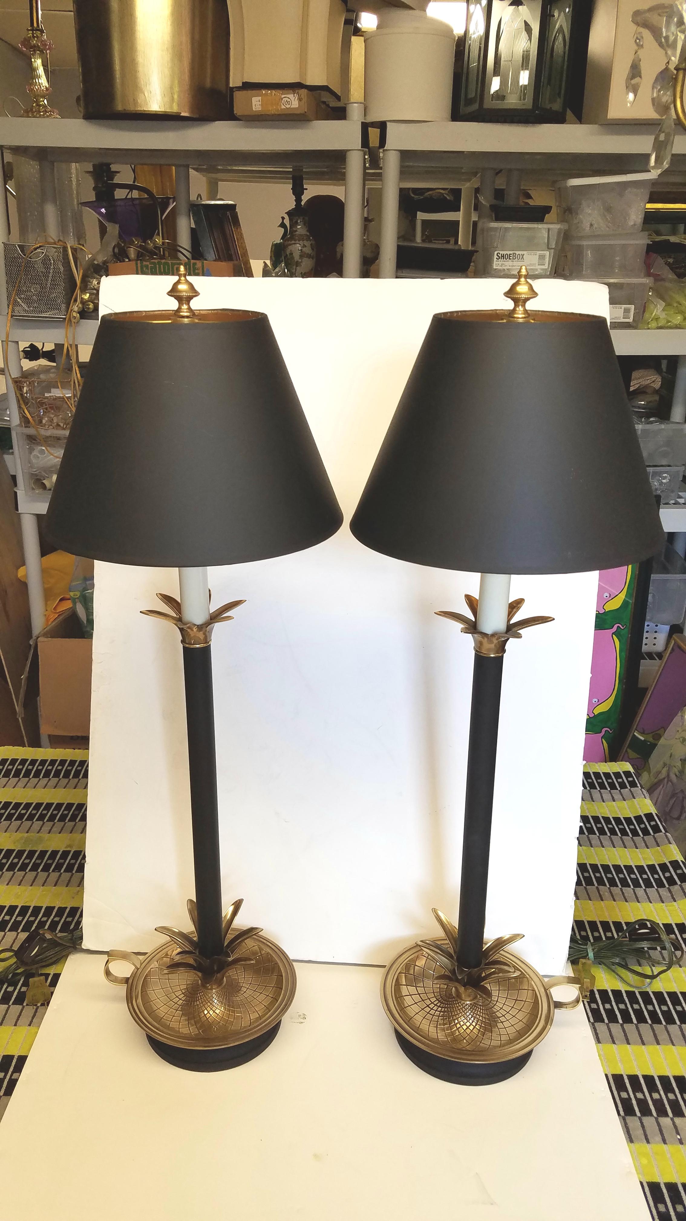 Pair of Frederic Cooper Brass and Black Candlestick Lamps In Excellent Condition In Lambertville, NJ
