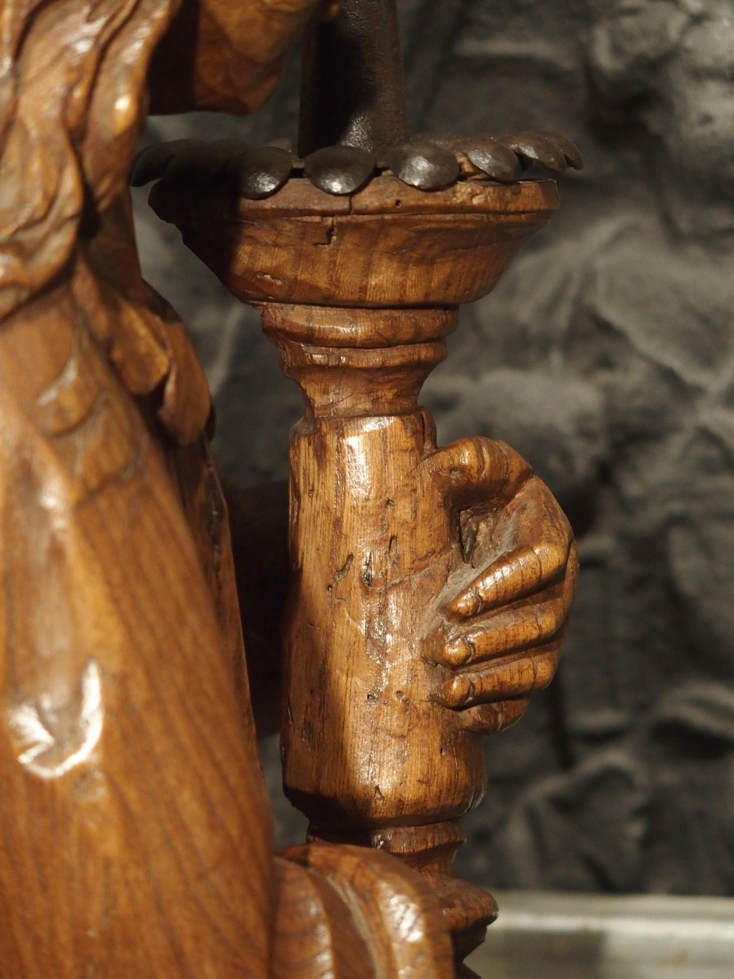 Pair of French 17th Century Angel Candle Holders in Carved Elmwood For Sale 5