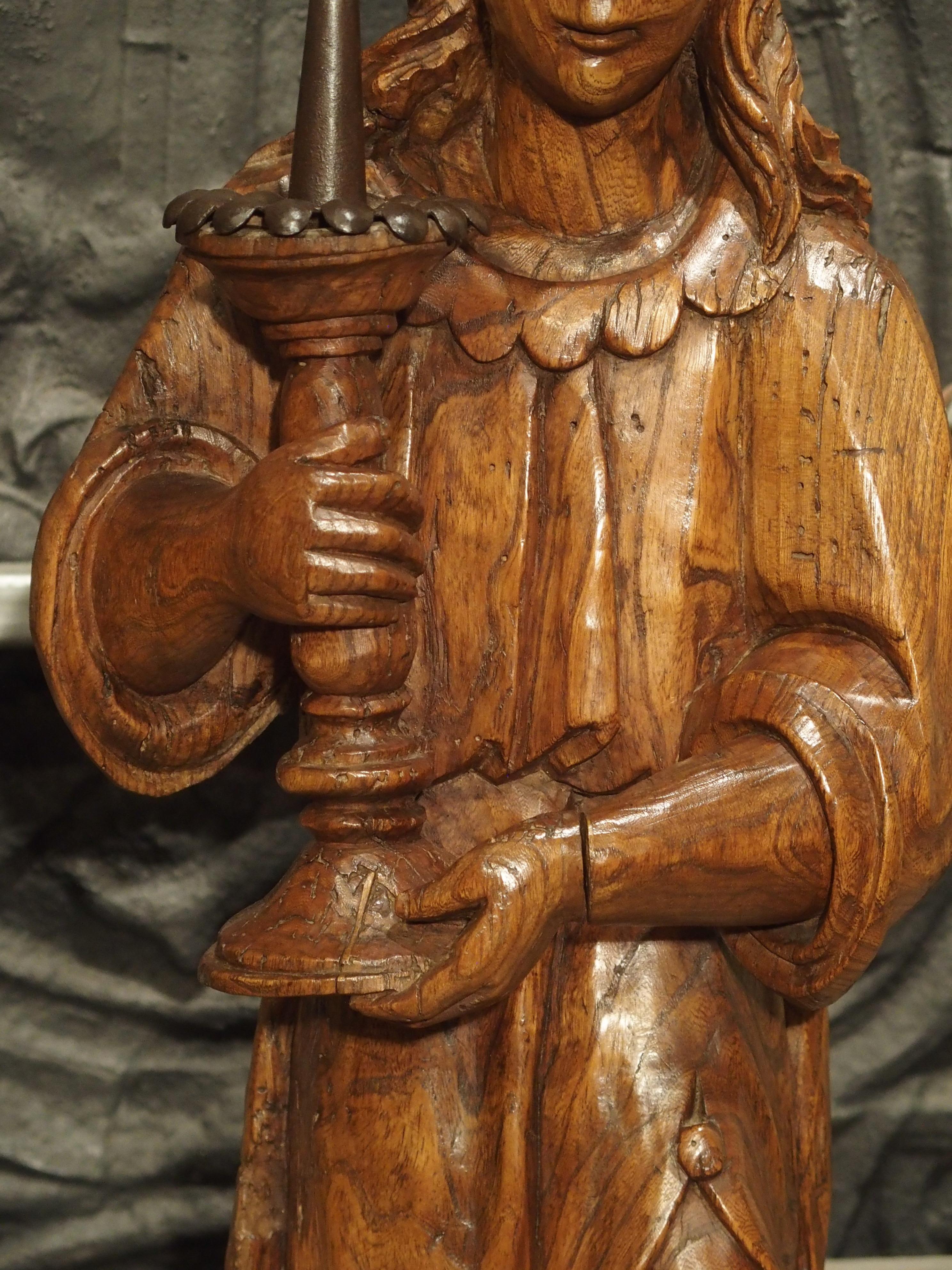 Pair of French 17th Century Angel Candle Holders in Carved Elmwood For Sale 11