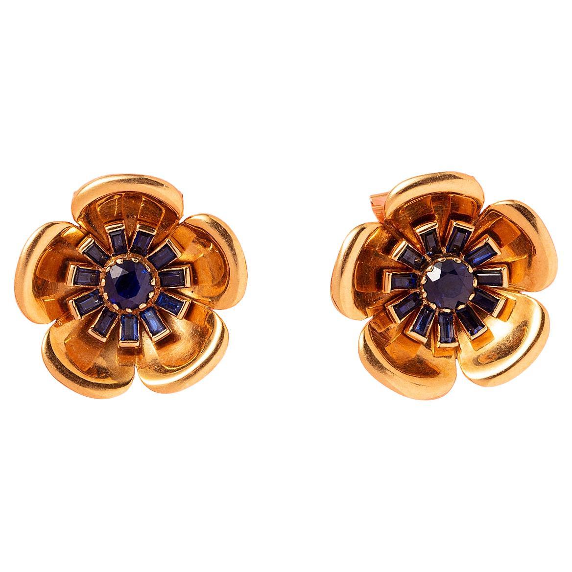A pair of French 18K Gold and Sapphire Flower Earrings