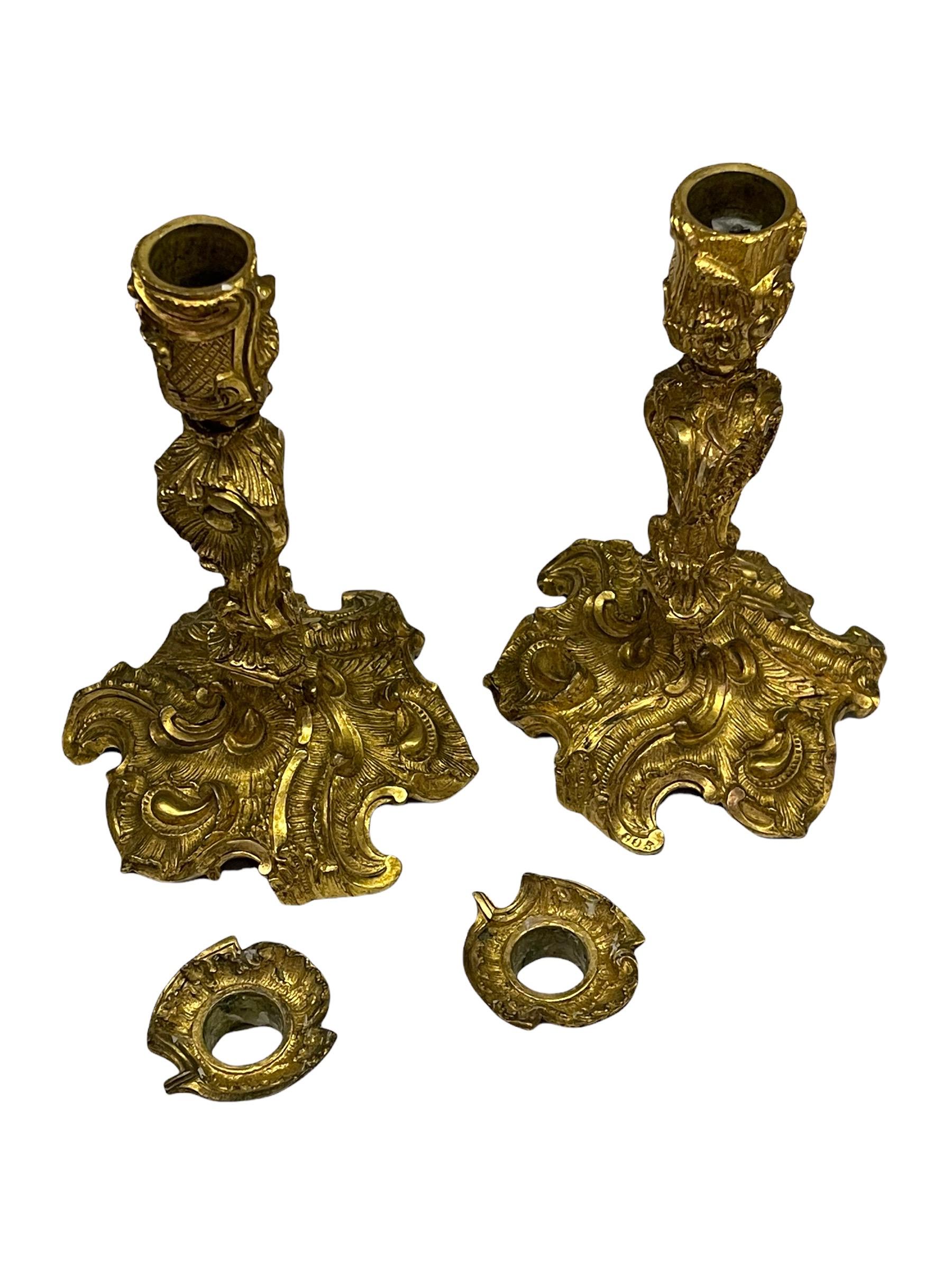 A Pair of French 18th Century Bronze Gold Gilt Candlesticks 9
