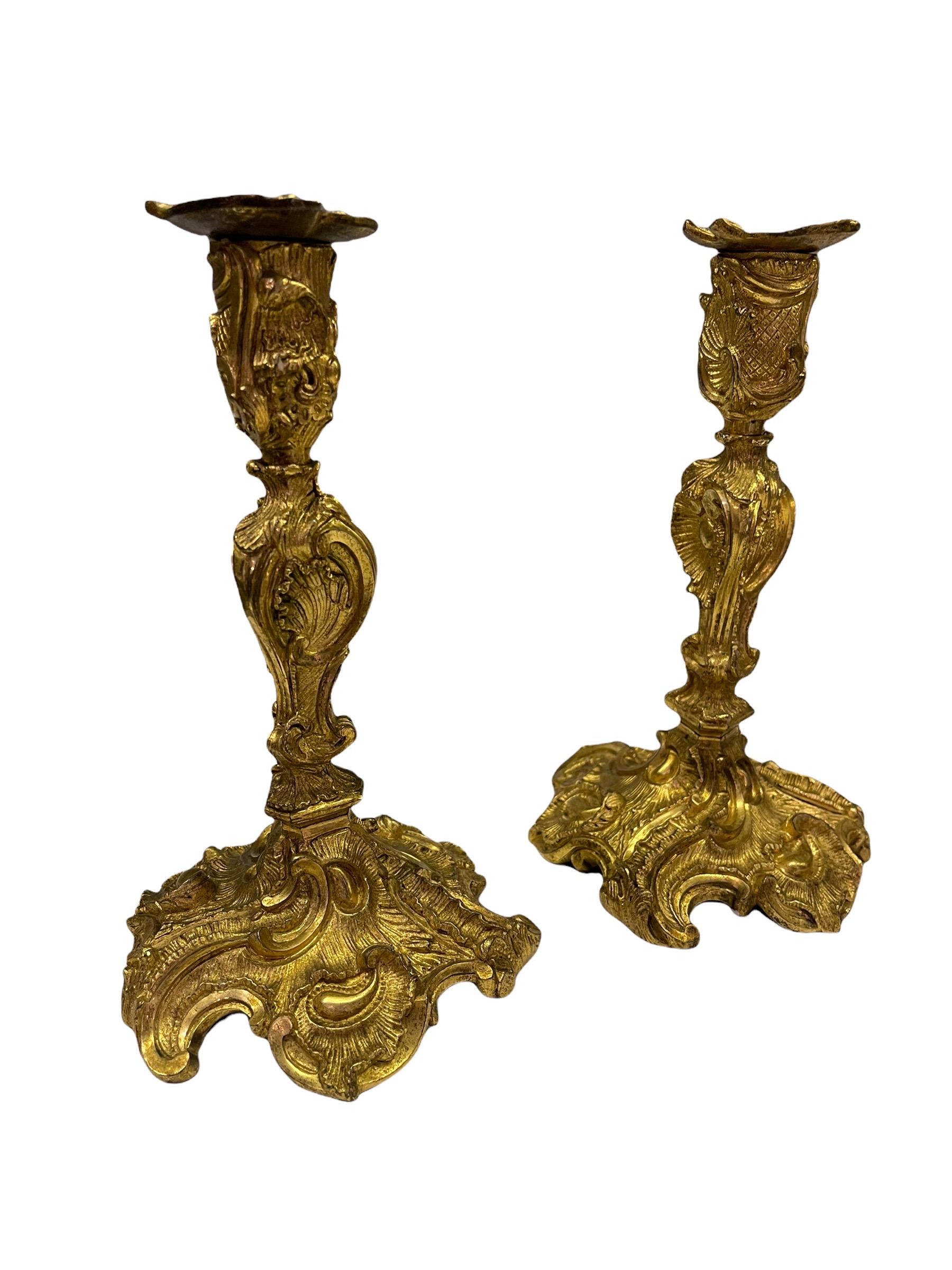 Rococo A Pair of French 18th Century Bronze Gold Gilt Candlesticks