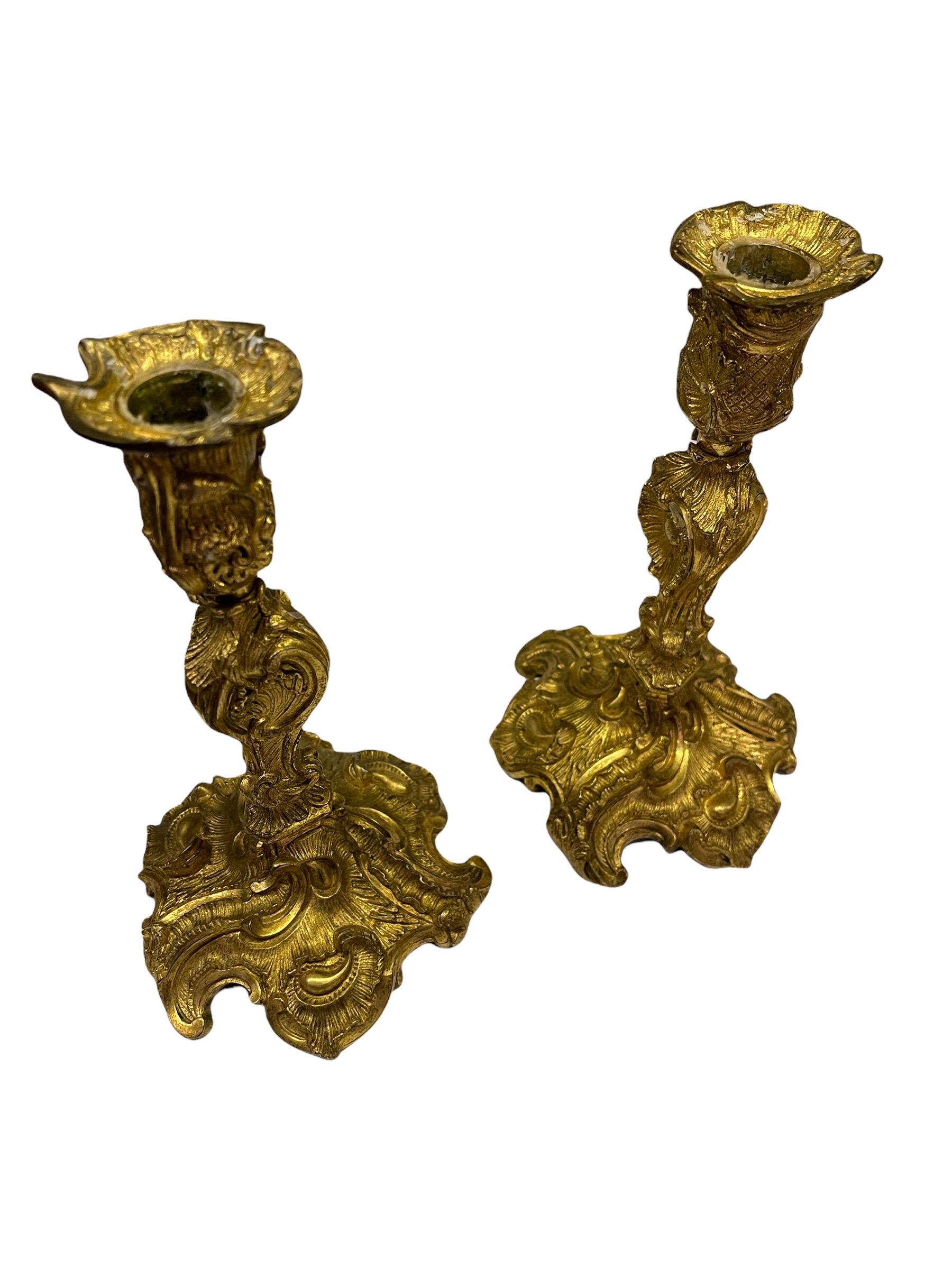 A Pair of French 18th Century Bronze Gold Gilt Candlesticks In Good Condition In North Miami, FL