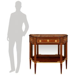 Coppia di consolle francesi del XVIII secolo in legno di tulipano, kingwood, ormolu e marmo