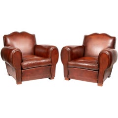 Vintage Pair of French 1930s Chocolate Brown Leather "Moustache" Armchairs
