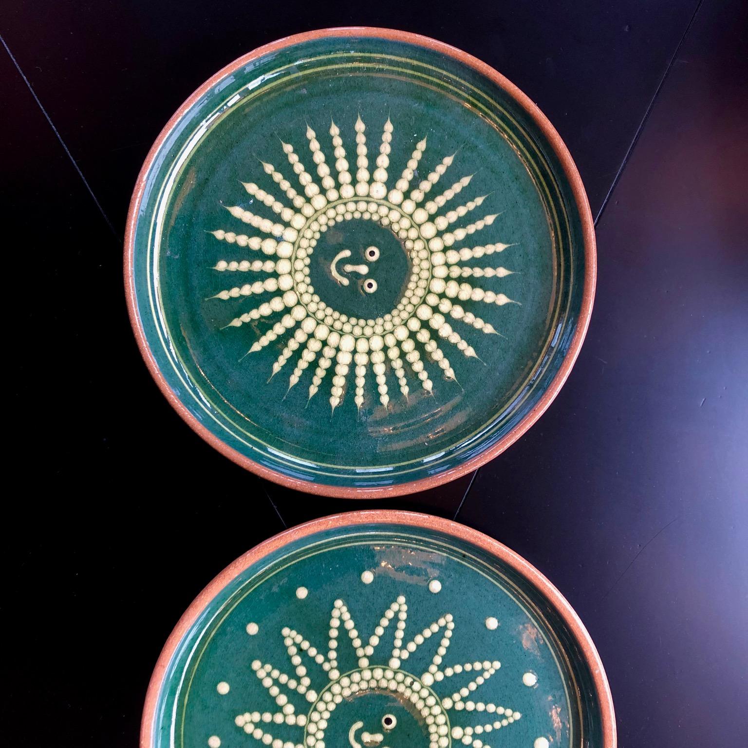 Mid-Century Modern Pair of French 1950s Green and Terracotta Plates Depicting Sun and Moon