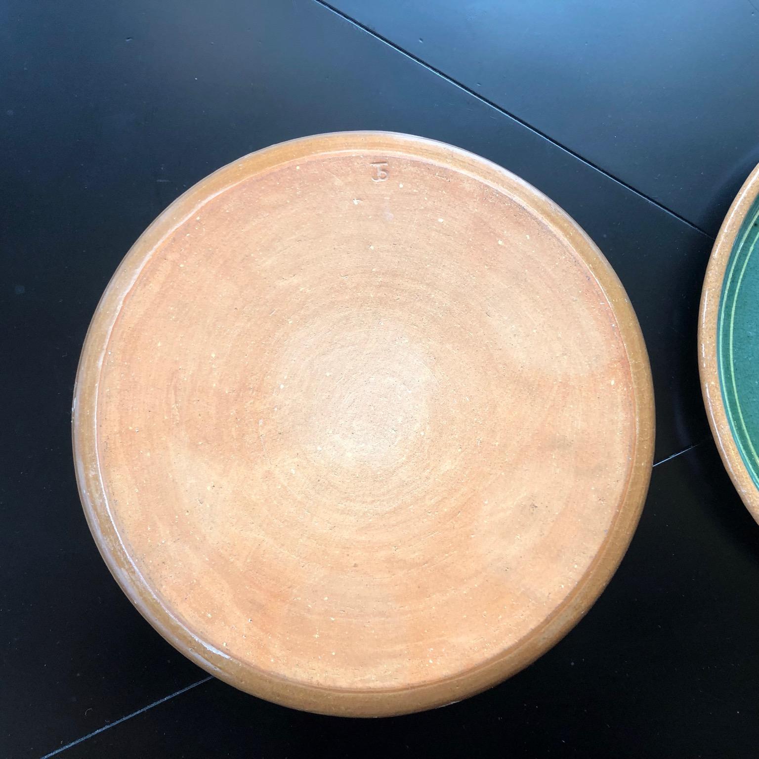 Pair of French 1950s Green and Terracotta Plates Depicting Sun and Moon In Good Condition In London, GB