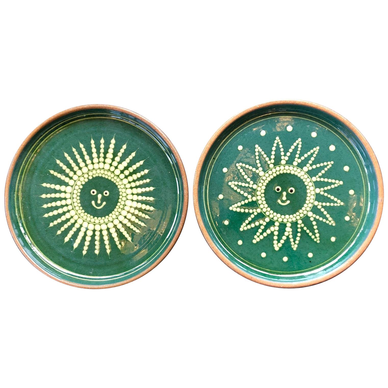 Pair of French 1950s Green and Terracotta Plates Depicting Sun and Moon