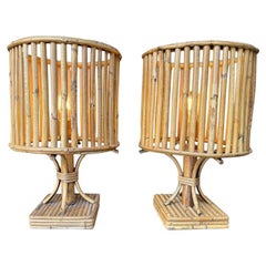 A pair of French 1960s bamboo lamps by Louis Sognot with orignal bamboo shades