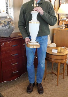 A Pair of French 1960's White Frosted Glass Lamps with Gilt Highlights