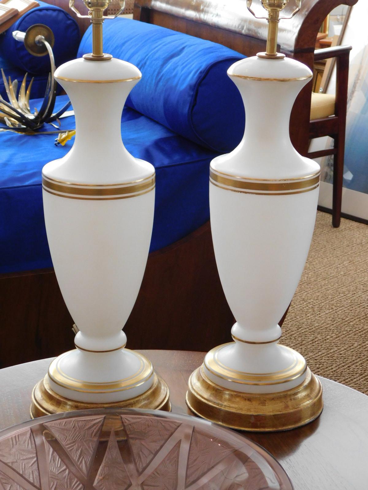 Hollywood Regency A Pair of French 1960's White Frosted Glass Lamps with Gilt Highlights For Sale