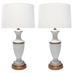 Vintage A Pair of French 1960's White Frosted Glass Lamps with Gilt Highlights