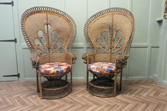 A Pair of French 1960s Woven Bamboo Peacock Throne Armchairs