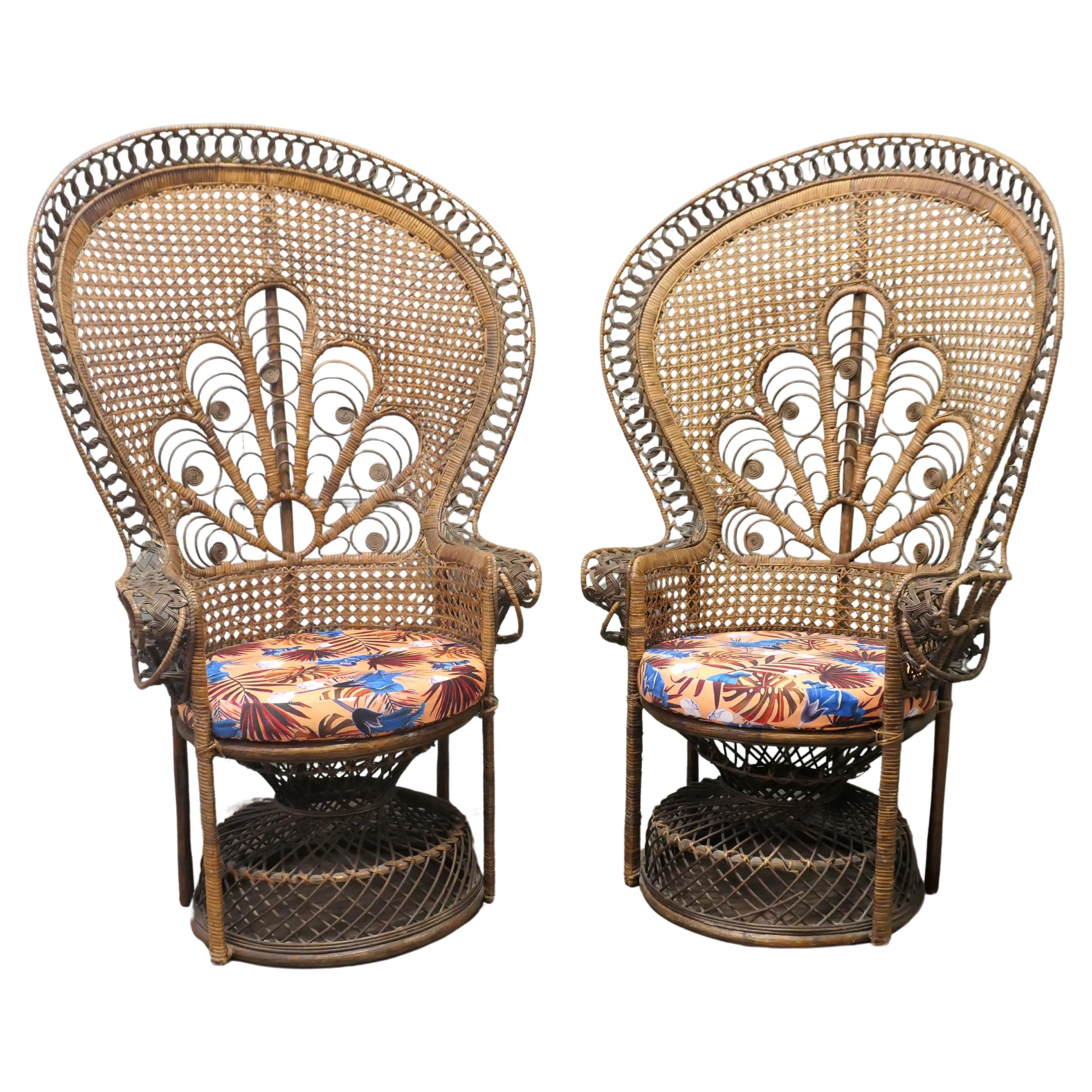 A Pair of French 1960s Woven Bamboo Peacock Throne Armchairs