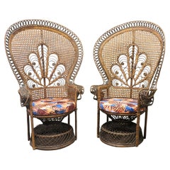 A Pair of French 1960s Woven Bamboo Peacock Throne Armchairs