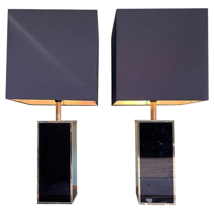 Pair of French 1970s Black Laminated and Gilt Metal Lamps For Sale