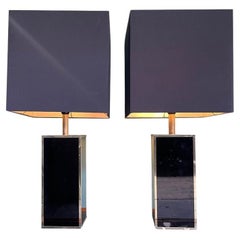 Vintage Pair of French 1970s Black Laminated and Gilt Metal Lamps