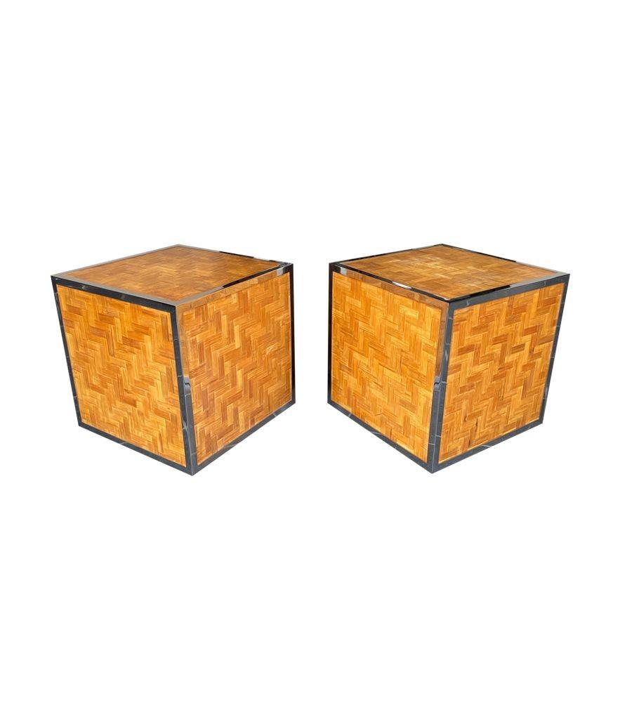 Pair of French 1970s Woven Rattan and Chrome Edged Cube Side Table 6