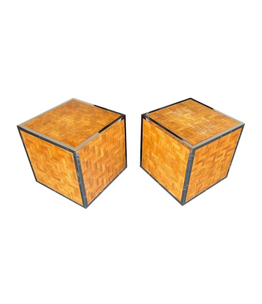 Pair of French 1970s Woven Rattan and Chrome Edged Cube Side Table 8