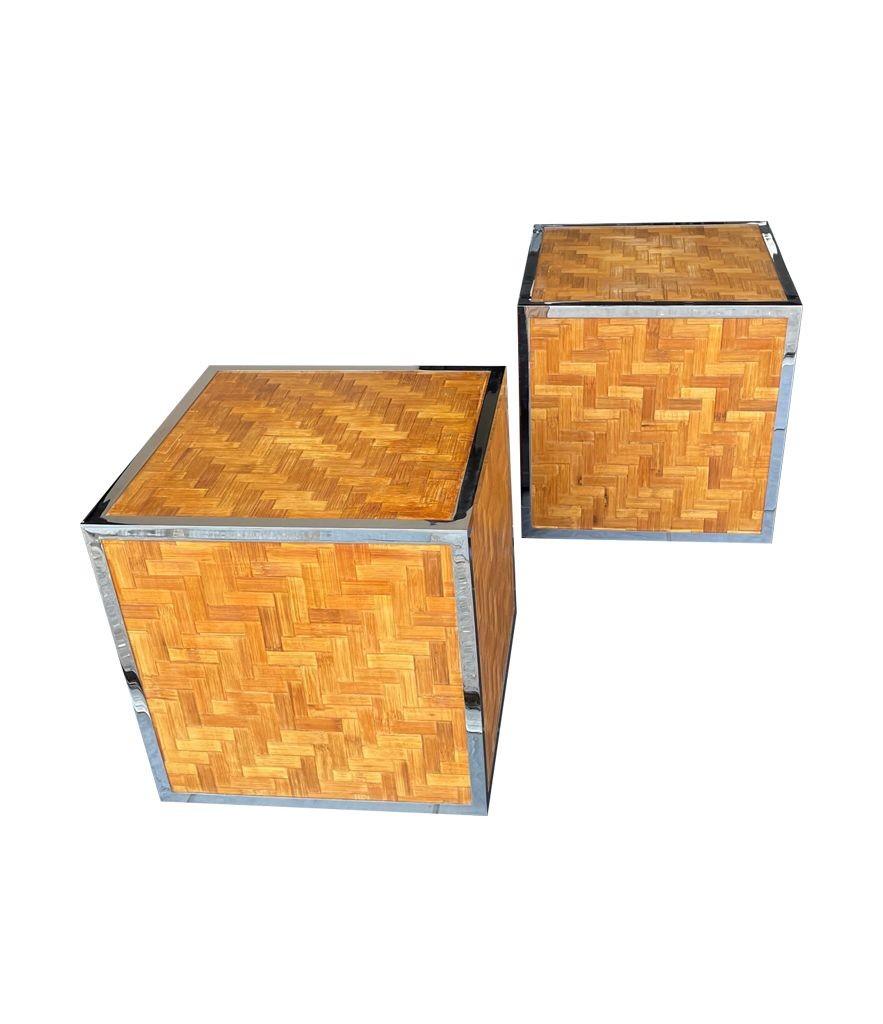 Pair of French 1970s Woven Rattan and Chrome Edged Cube Side Table 10
