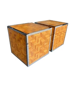 Pair of French 1970s Woven Rattan and Chrome Edged Cube Side Table