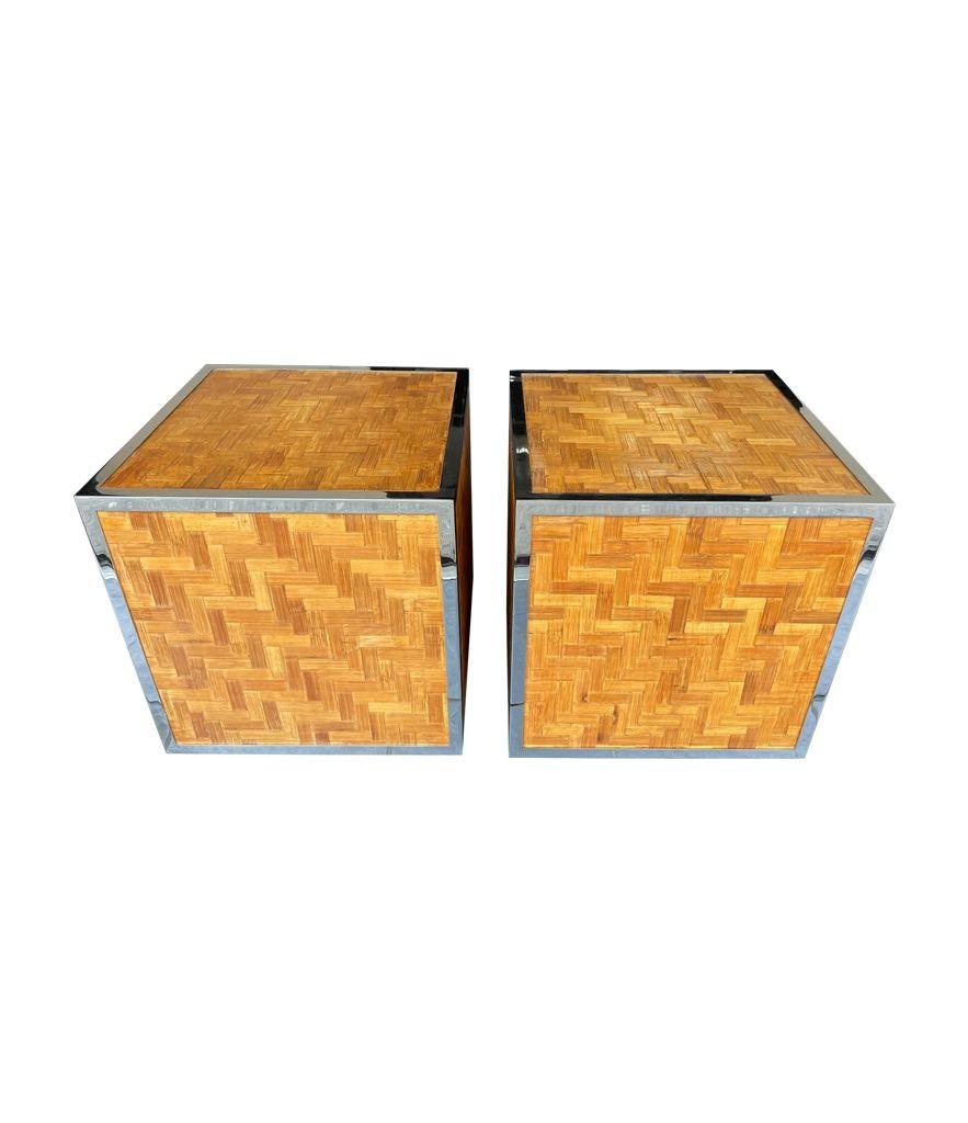 Pair of French 1970s Woven Rattan and Chrome Edged Cube Side Table In Good Condition In London, GB