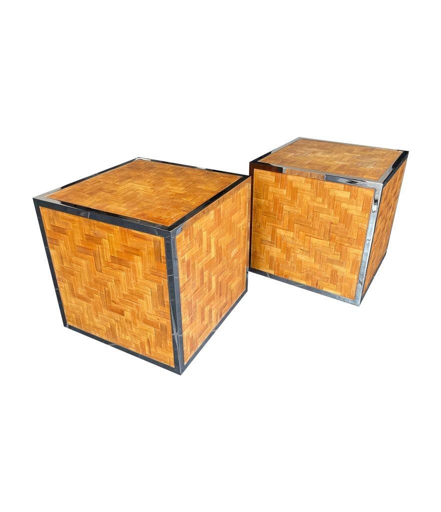Pair of French 1970s Woven Rattan and Chrome Edged Cube Side Table 2