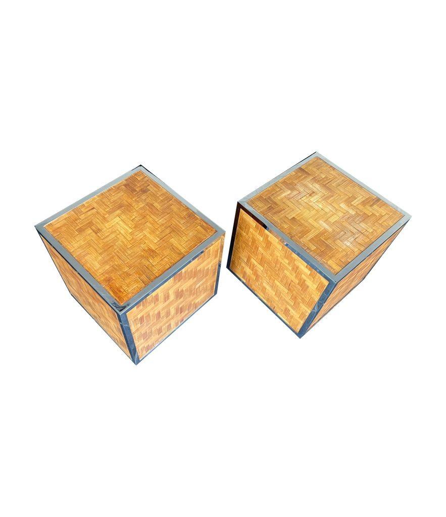 Pair of French 1970s Woven Rattan and Chrome Edged Cube Side Table 3