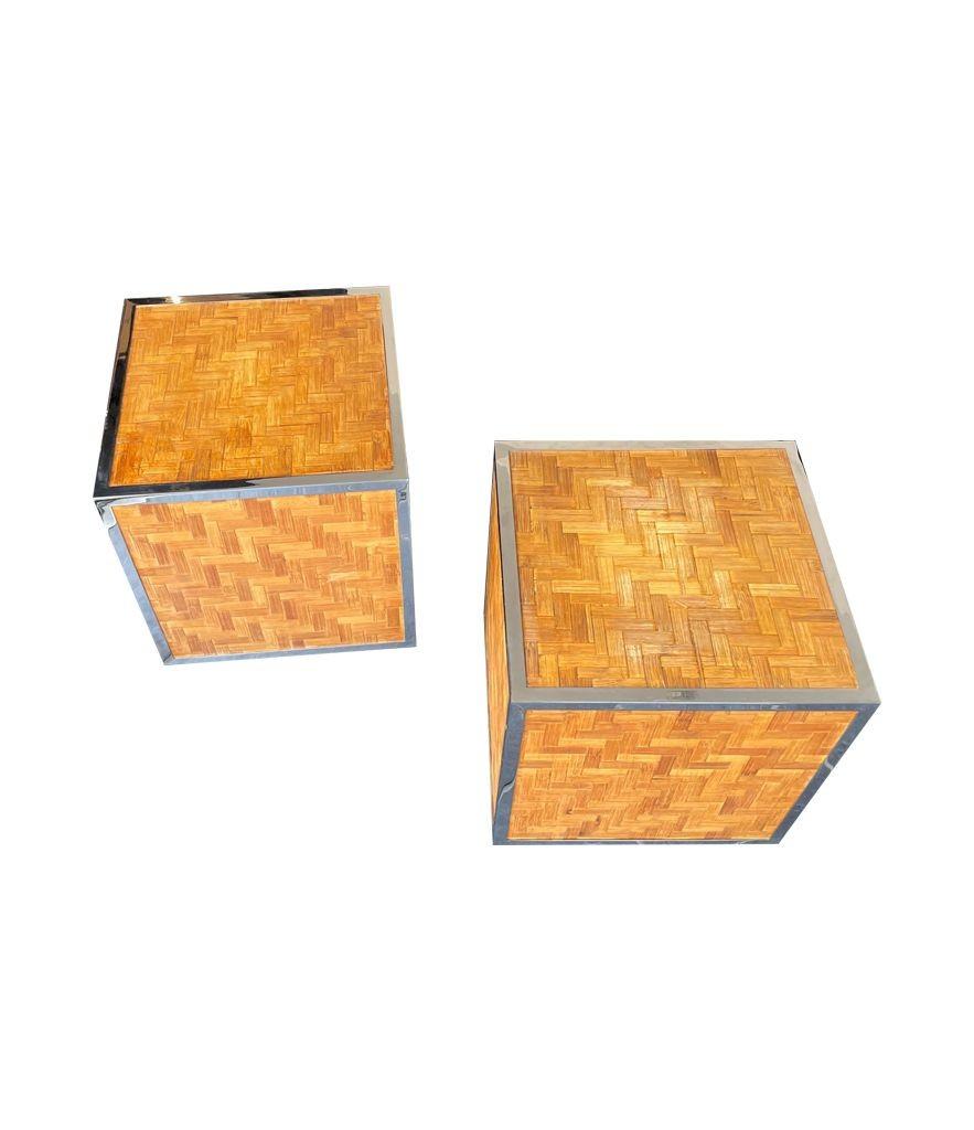Pair of French 1970s Woven Rattan and Chrome Edged Cube Side Table 4